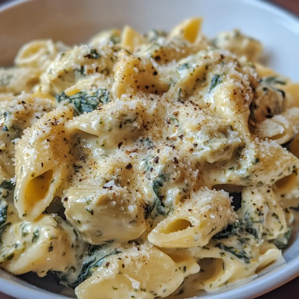 Cheesy Spinach Artichoke Dip Pasta