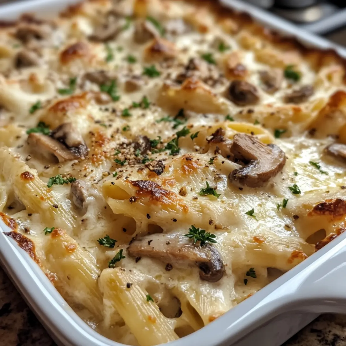Creamy Garlic Mushroom Chicken Pasta Bake