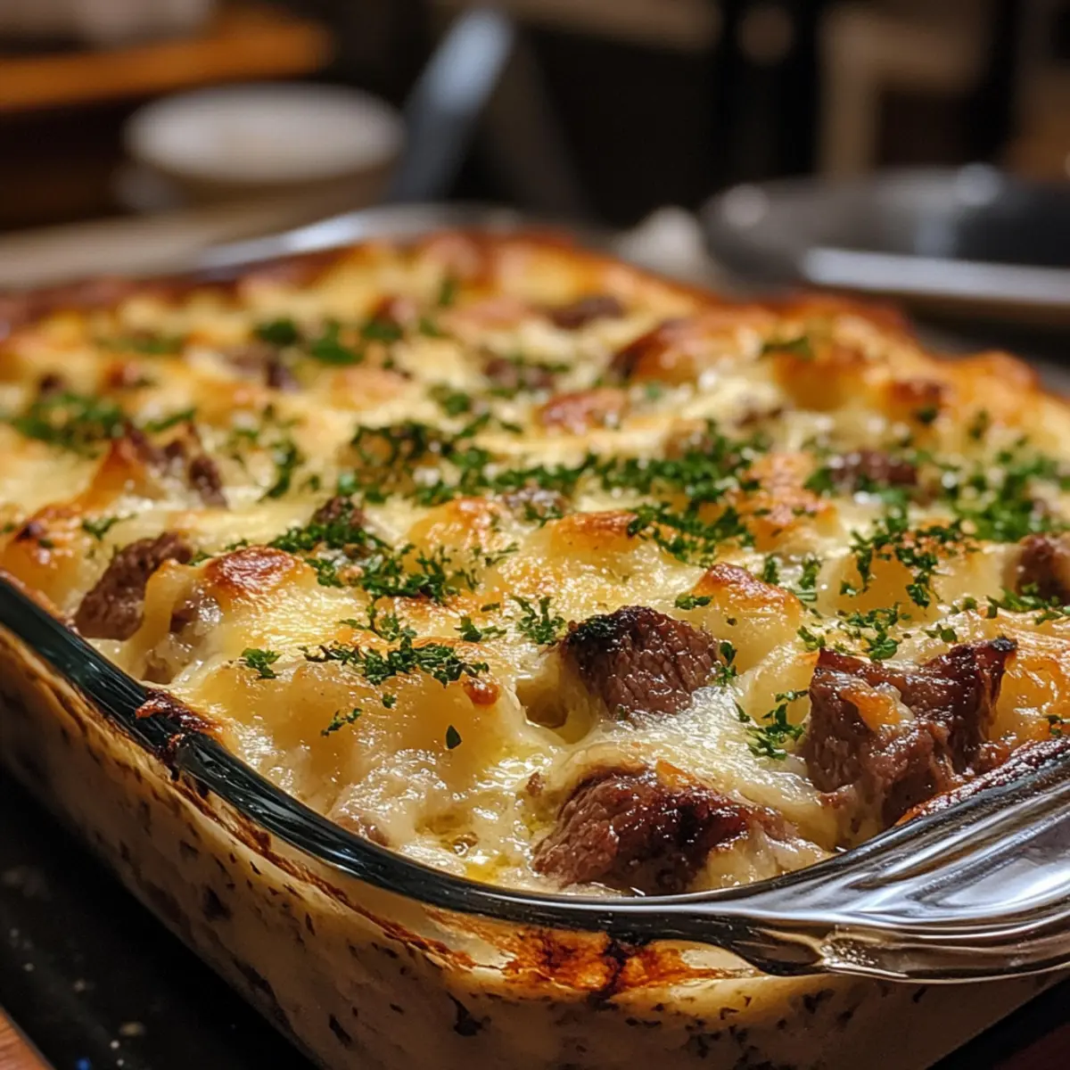 Garlic Butter Beef Tips Casserole Bake